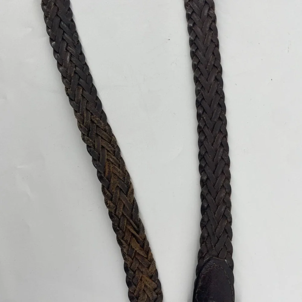 Vtg Braided Genuine Leather Belt XL 42-44 Brown Woven Brass Buckle‎ Boho Skinny